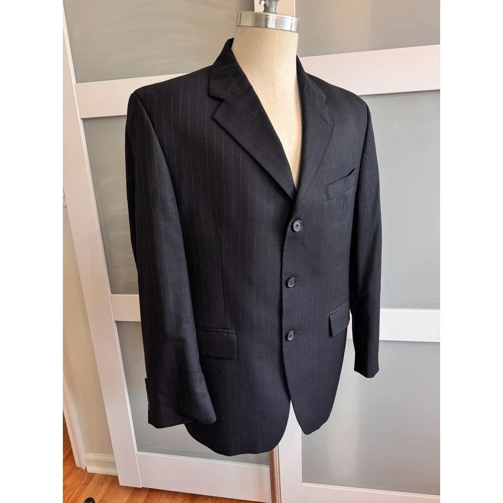 Ralph Lauren 40S‎ Short Blazer Navy Blue Pinstripe 3 Button Wool Jacket